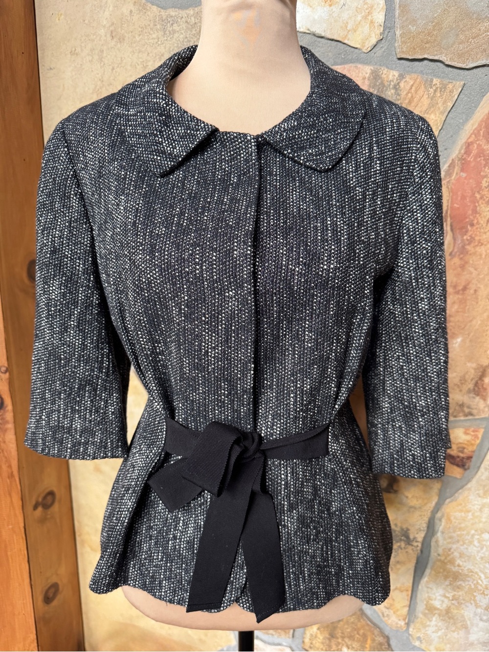 Talbots Black White Tweed Cropped Jacket 3/4 Sleeves Lined Tie Belt (12P) - Picture 3 of 17